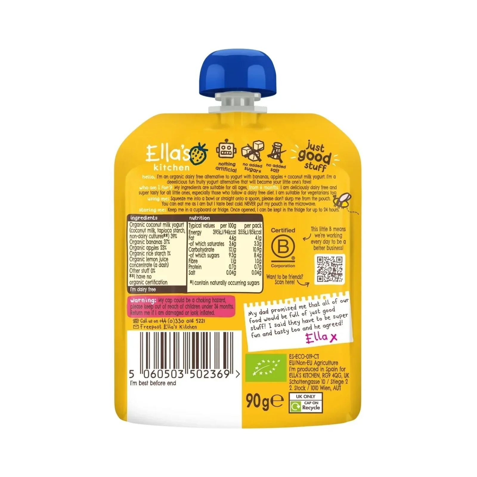 Ella's Kitchen Dairy Free Banana Yogurt Pouch 6+ months 90g - Image 2