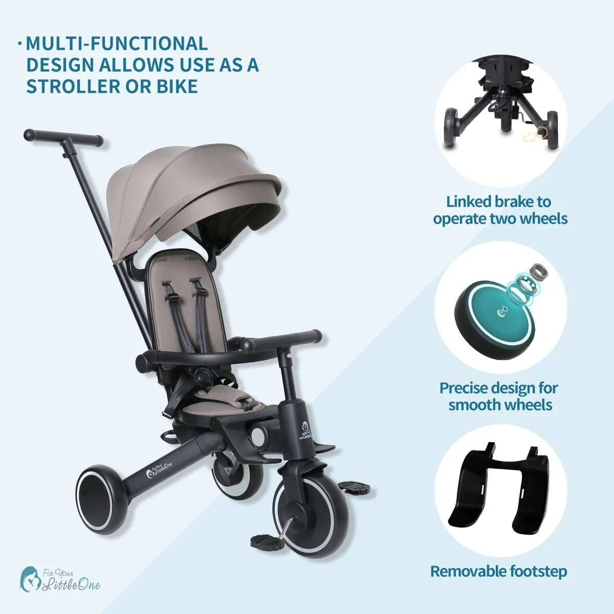 Foryourlittleone Xplor 6 in 1 Foldable Trike - Grey Olive (10m-4y) - Image 3