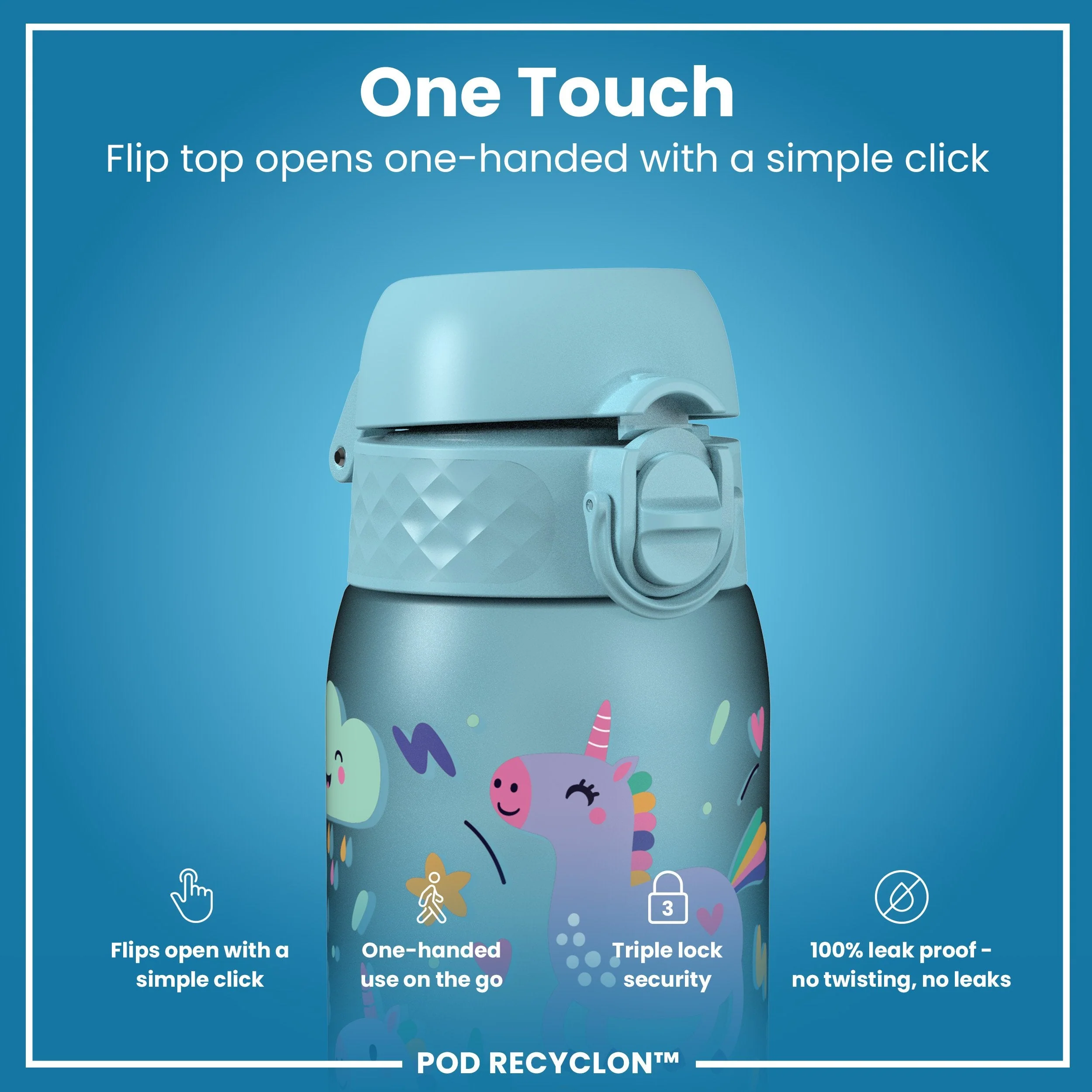 Leak Proof Kids Water Bottle, Recyclon, Blue Unicorns, 350ml (12oz) - Image 3