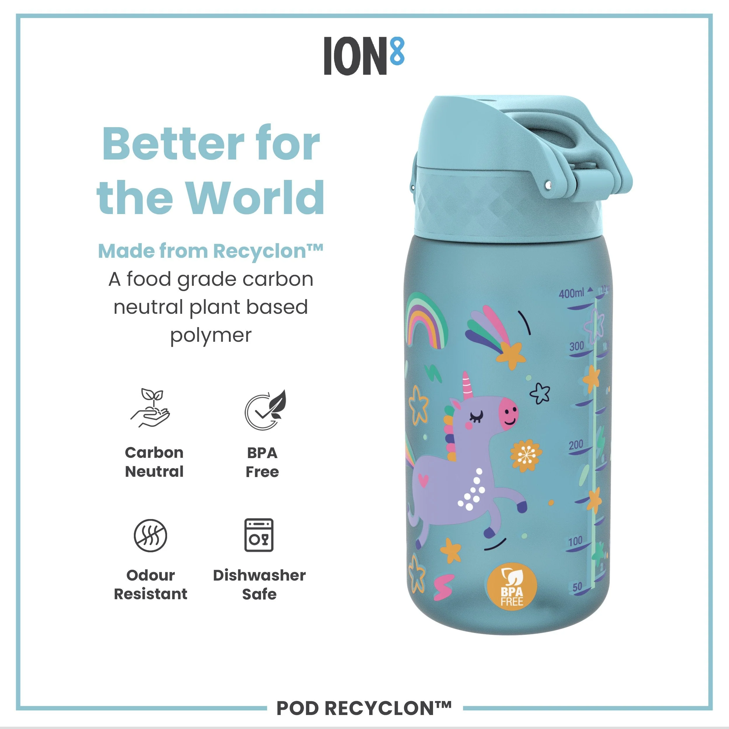 Leak Proof Kids Water Bottle, Recyclon, Blue Unicorns, 350ml (12oz) - Image 5