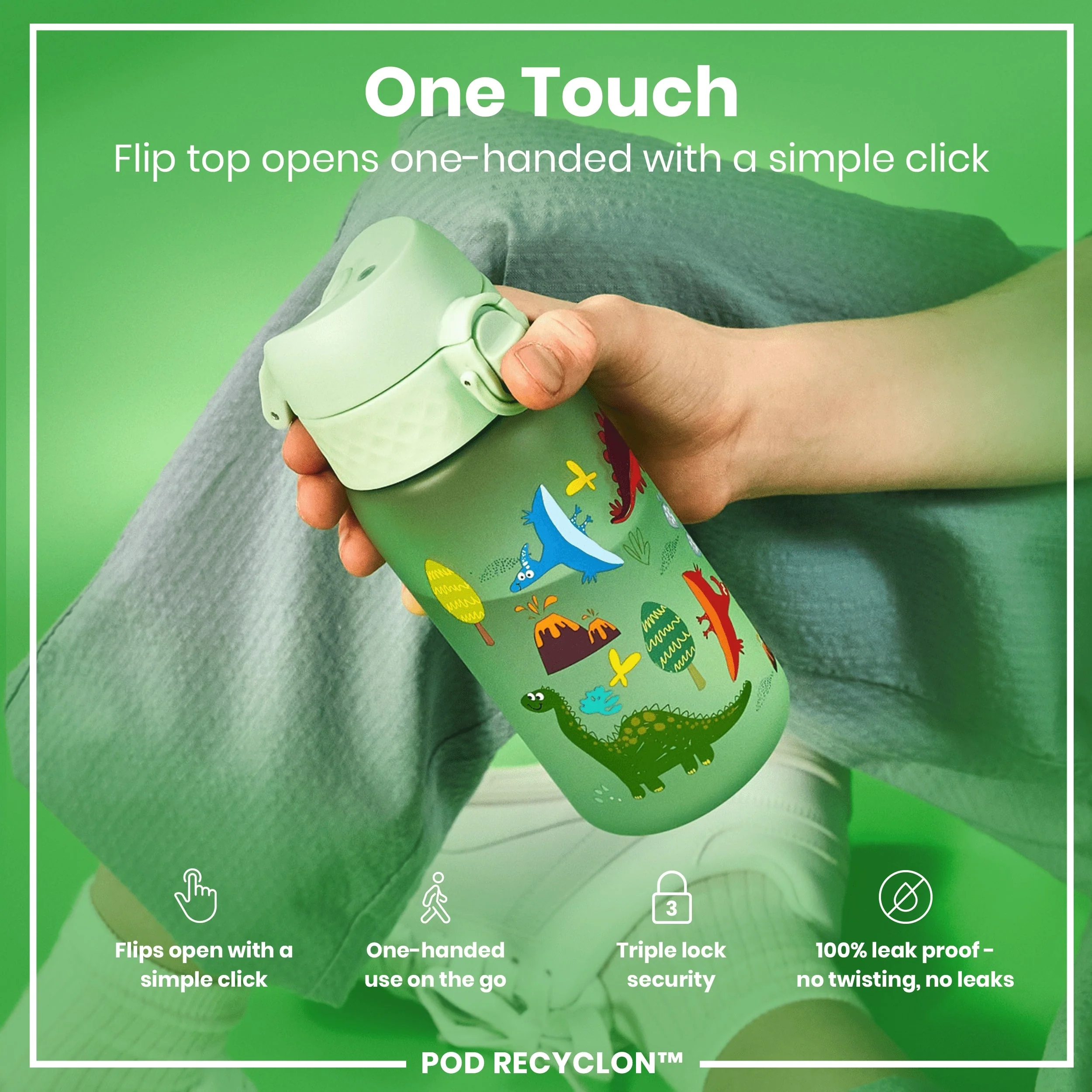 Leak Proof Kids Water Bottle, Recyclon, Dinosaur, 350ml (12oz) - Image 3