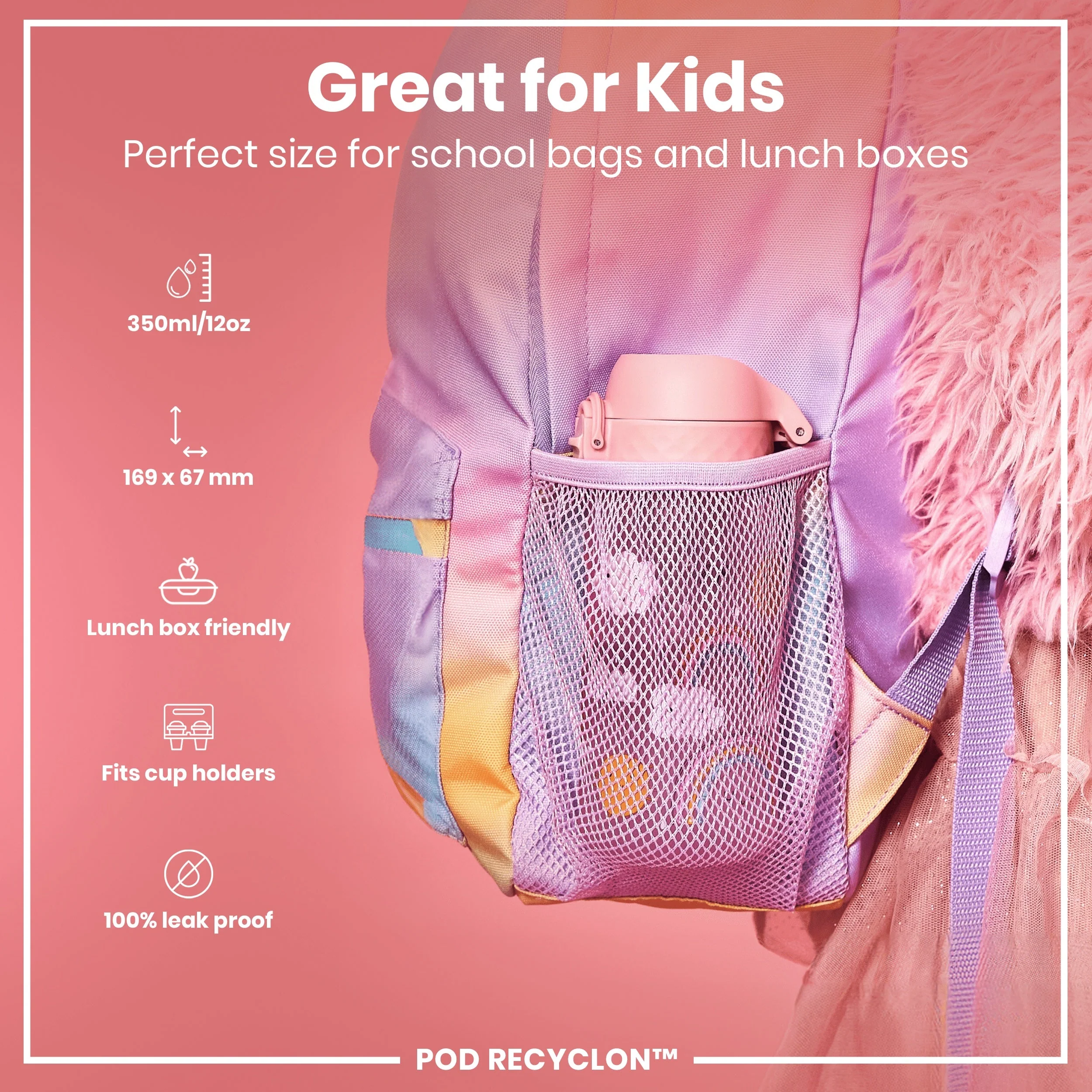 Leak Proof Kids Water Bottle, Recyclon, Rainbows, 350ml (12oz) - Image 2