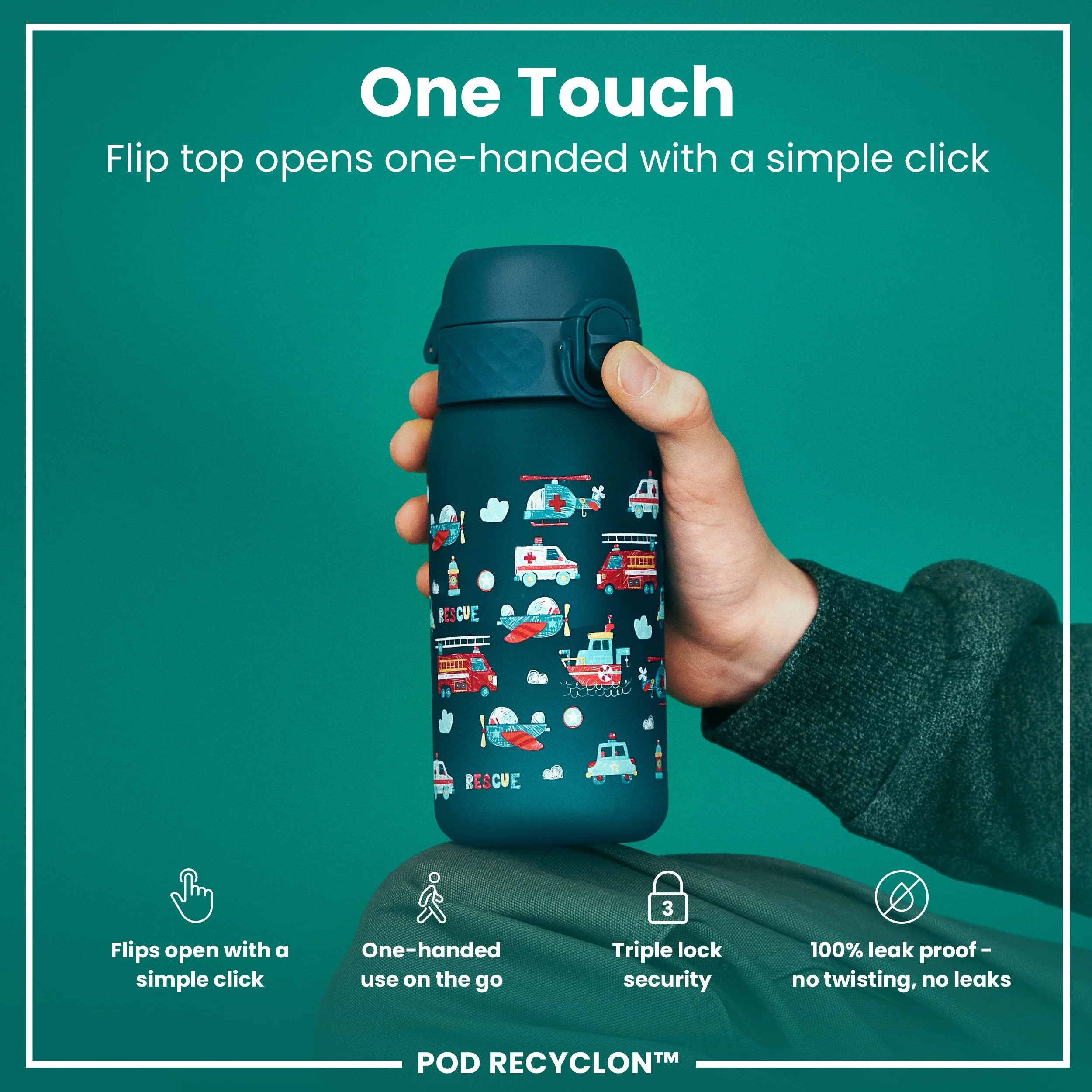 Leak Proof Kids Water Bottle, Recyclon, Rescue Vehicles, 350ml (12oz) - Image 3