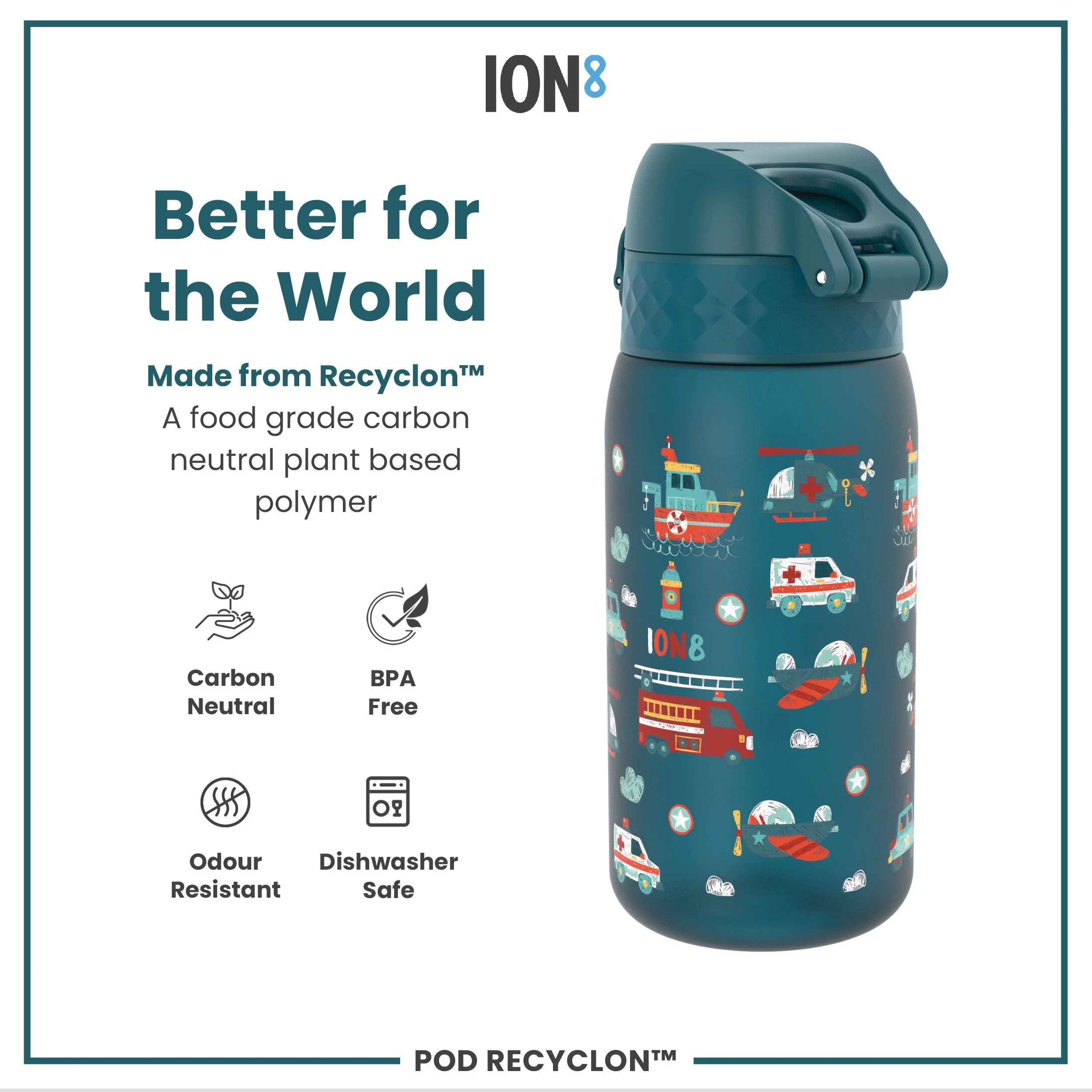 Leak Proof Kids Water Bottle, Recyclon, Rescue Vehicles, 350ml (12oz) - Image 5