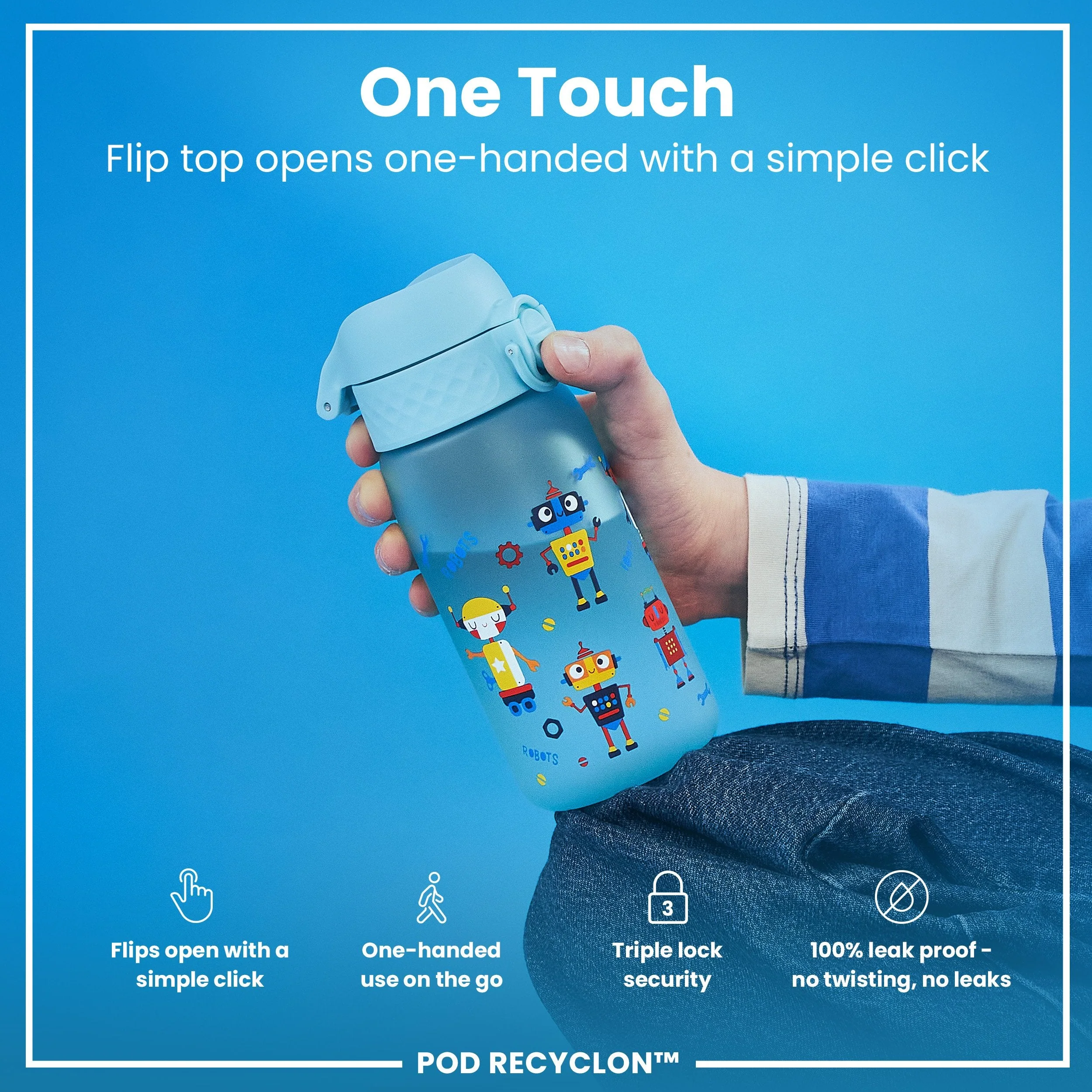 Leak Proof Kids Water Bottle, Recyclon, Robots, 350ml (12oz) - Image 3
