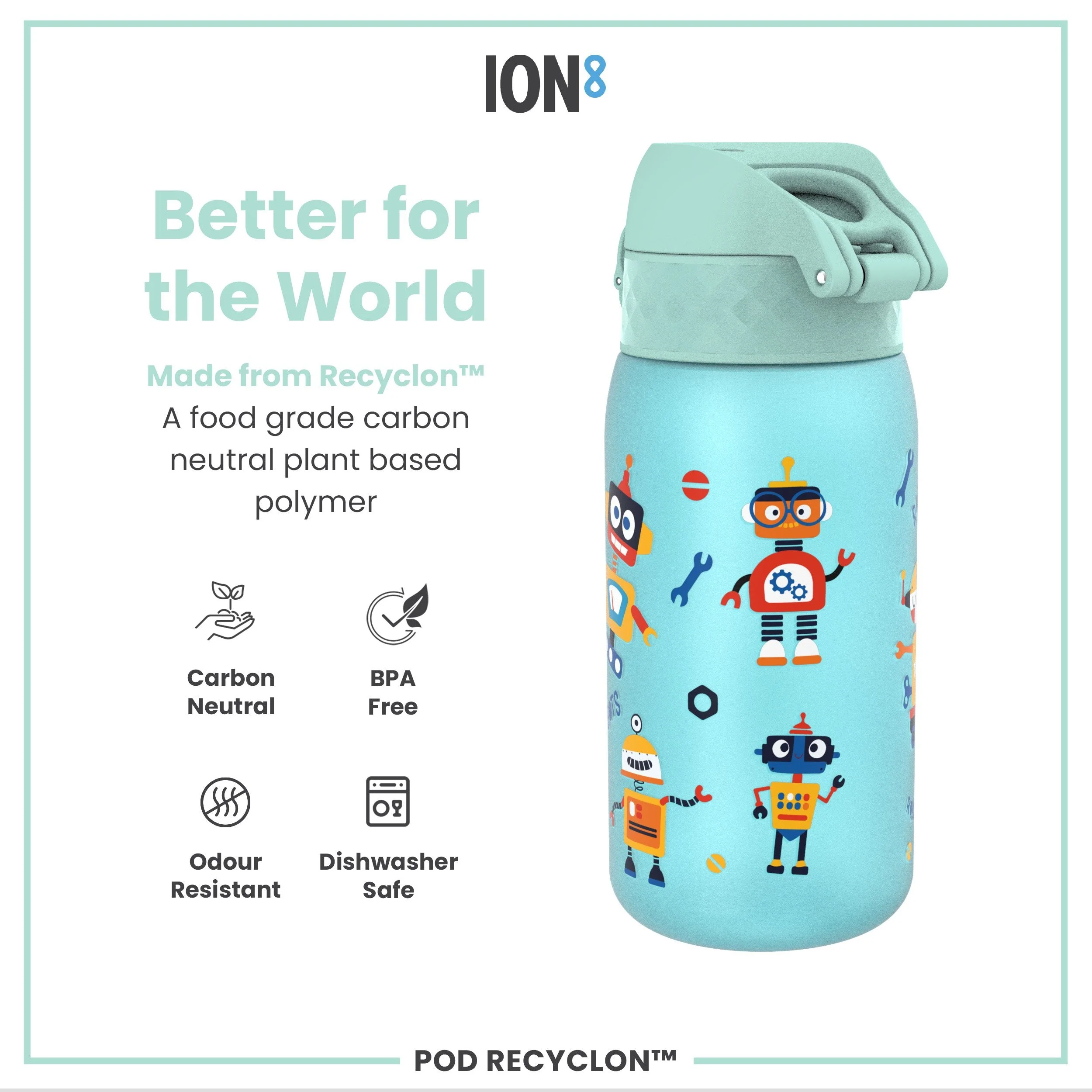 Leak Proof Kids Water Bottle, Recyclon, Robots, 350ml (12oz) - Image 5