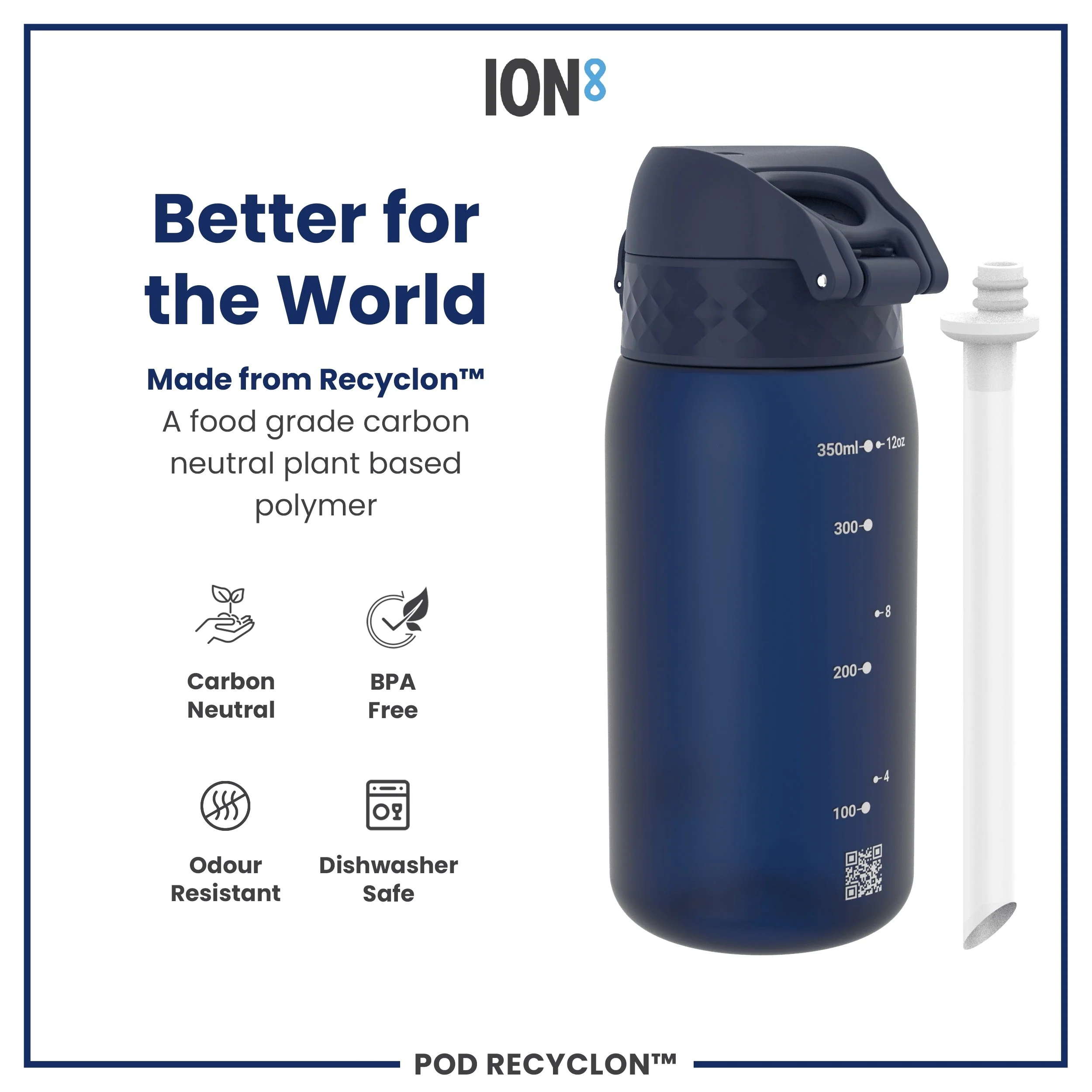 Leak Proof Small Water Bottle With Straw, Recyclon, Navy, 350ml (12oz) - Image 5