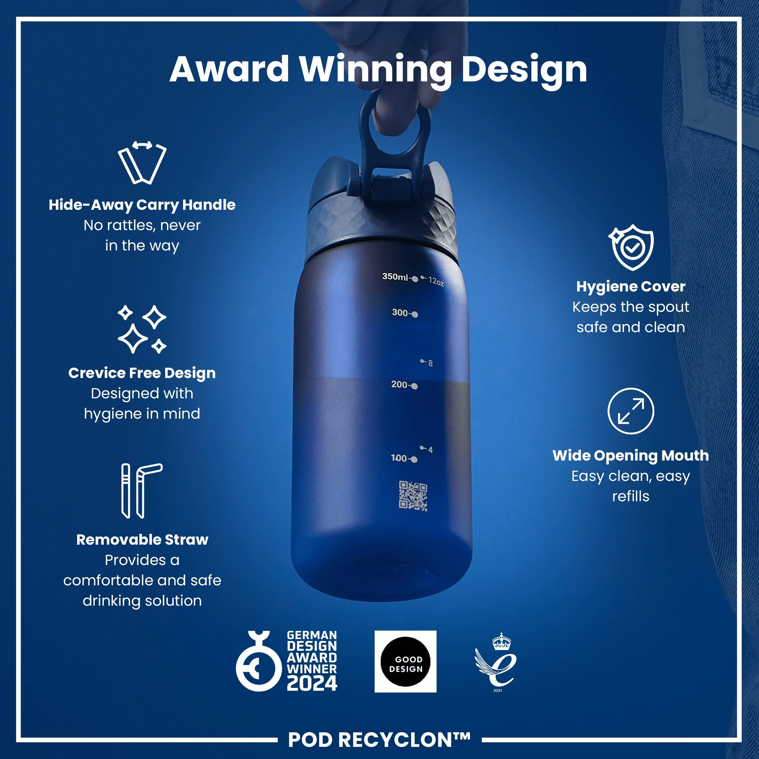 Leak Proof Small Water Bottle With Straw, Recyclon, Navy, 350ml (12oz) - Image 6