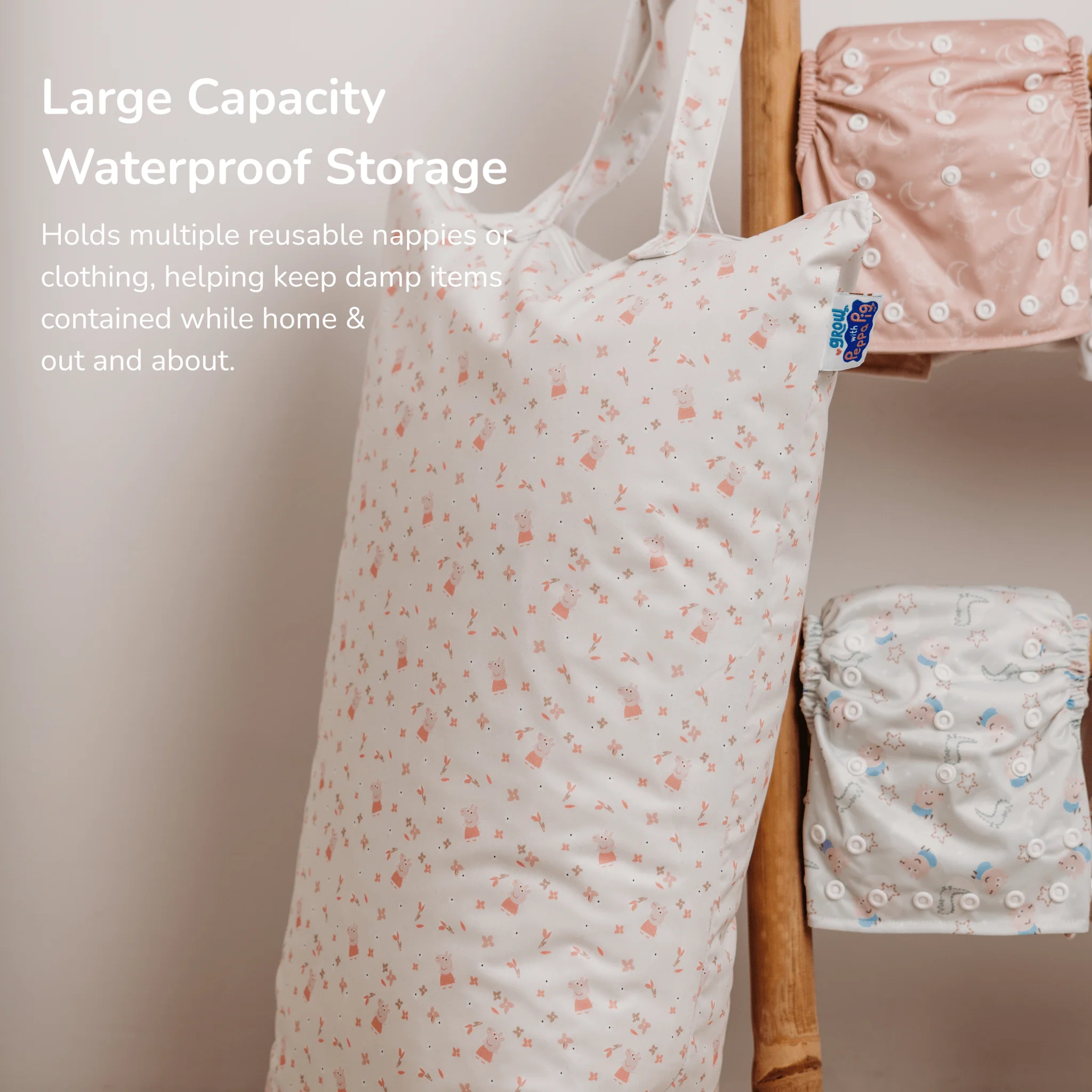 Peppa Pig XL Wet Bag Reusable Cloth Nappy Pail - Peppa Floral - Image 2